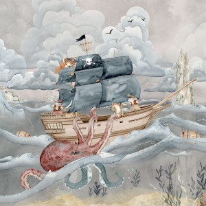 MURAL PIRATE STORY - TAPETA DZIECIĘCA ZE STATKIEM PIRACKIM BEŻ - DEKORILLO