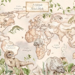 PLAKAT MAPA ŚWIATA DINOZAURY BEŻOWY - DEKORILLO