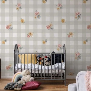 TAPETA DZIEWCZĘCA PASTEL FLOWERS OLIWKOWA KRATA - DEKORILLO 