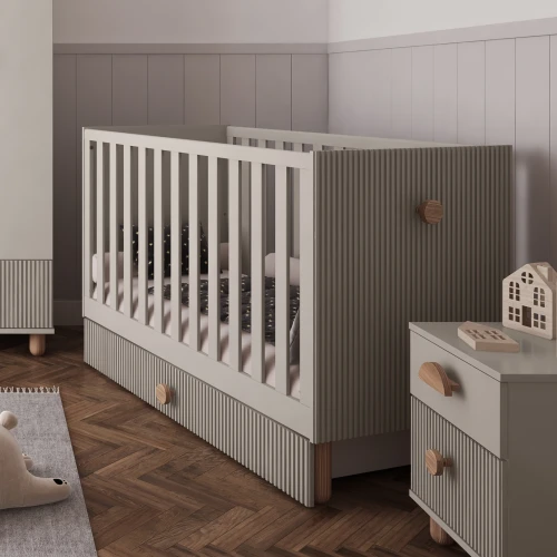 Łóżeczko niemowlęce Loft z szufladą i drewnianymi detalami – nowoczesny design do pokoju dziecka