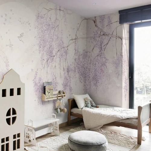 Tapeta dziecięca Birdsong Lavender z motywem lawendowych kwiatów i ptaszków