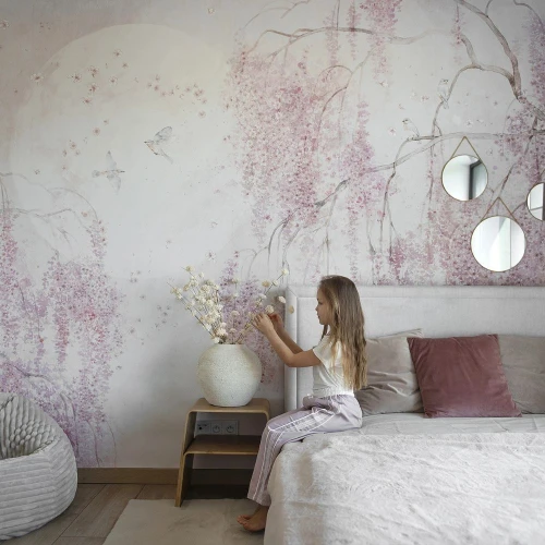Tapeta dziecięca Birdsong Pink – różowe kwiaty i ptaszki