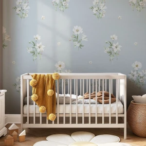 TAPETA DLA DZIEWCZYNKI BIAŁE KWIATY BŁĘKITNA - DEKORILLO