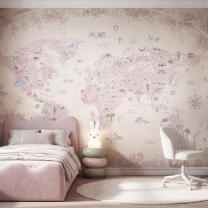TAPETA DLA DZIECKA MAPA ŚWIATA DEAR DIARY NORTH BABY PINK - MALUMI