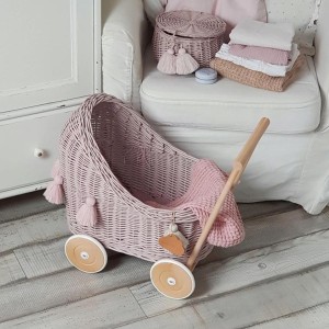 LITTLE DREAMS - WICKER DOLL STROLLER WITH BEDDING DIRTY PINK