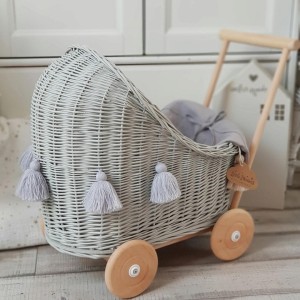 LITTLE DREAMS - WICKER DOLL STROLLER WITH BEDDING GRAY