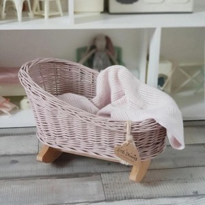LITTLE DREAMS - WICKER BED ROCKING CRADLE FOR DOLLS DIRTY PINK