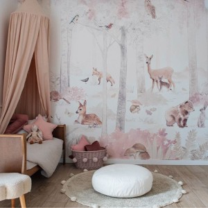 TAPETA DLA DZIEWCZYNKI Z LASEM I ZWIERZĄTKAMI WOODLET FAMILY PINK - MALUMI