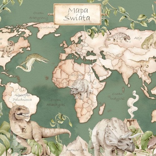 TAPETA MAPA ŚWIATA DINOZAURY ZIELONA