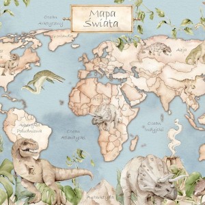 TAPETA DZIECIĘCA MAPA ŚWIATA DINOZAURY NIEBIESKA - DEKORILLO 
